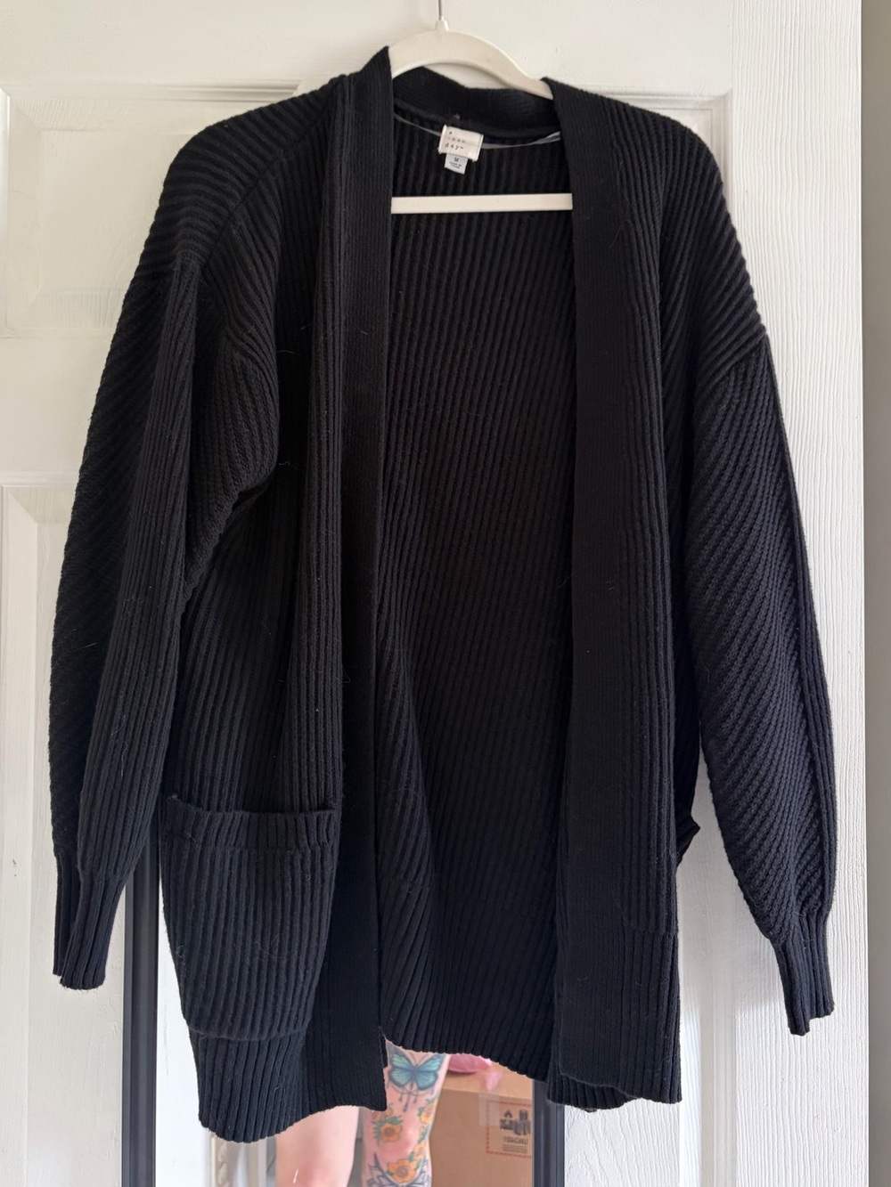 a new day Black Ribbed Open-Front Cardigan with Pocket